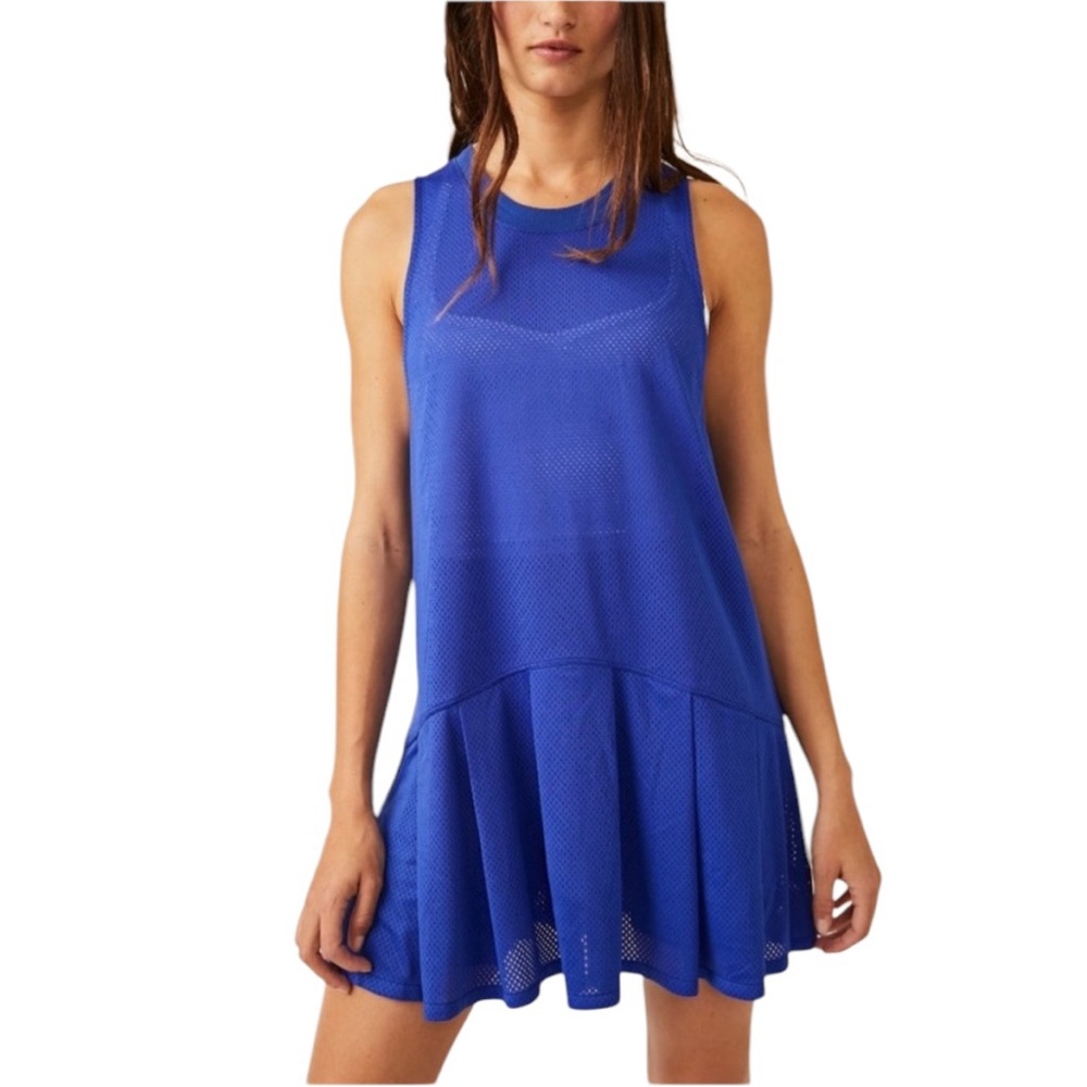 NWT FP Movement “Courtside” Pleated Vibrant Blue Sleeveless Mesh Dress